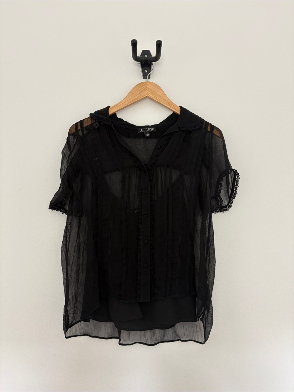 J. Crew Black Sheer Pintuck Button-Front Blouse